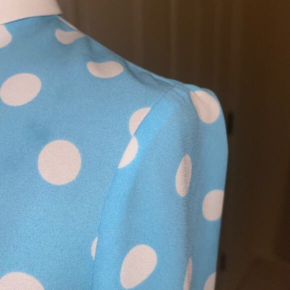 VINTAGE ANNE KLIEN POLKA DOT BLOUSE WITH SLIT CUFF SIREN BLUE/NYC WHITE SIZE XS - Picture 10 of 13